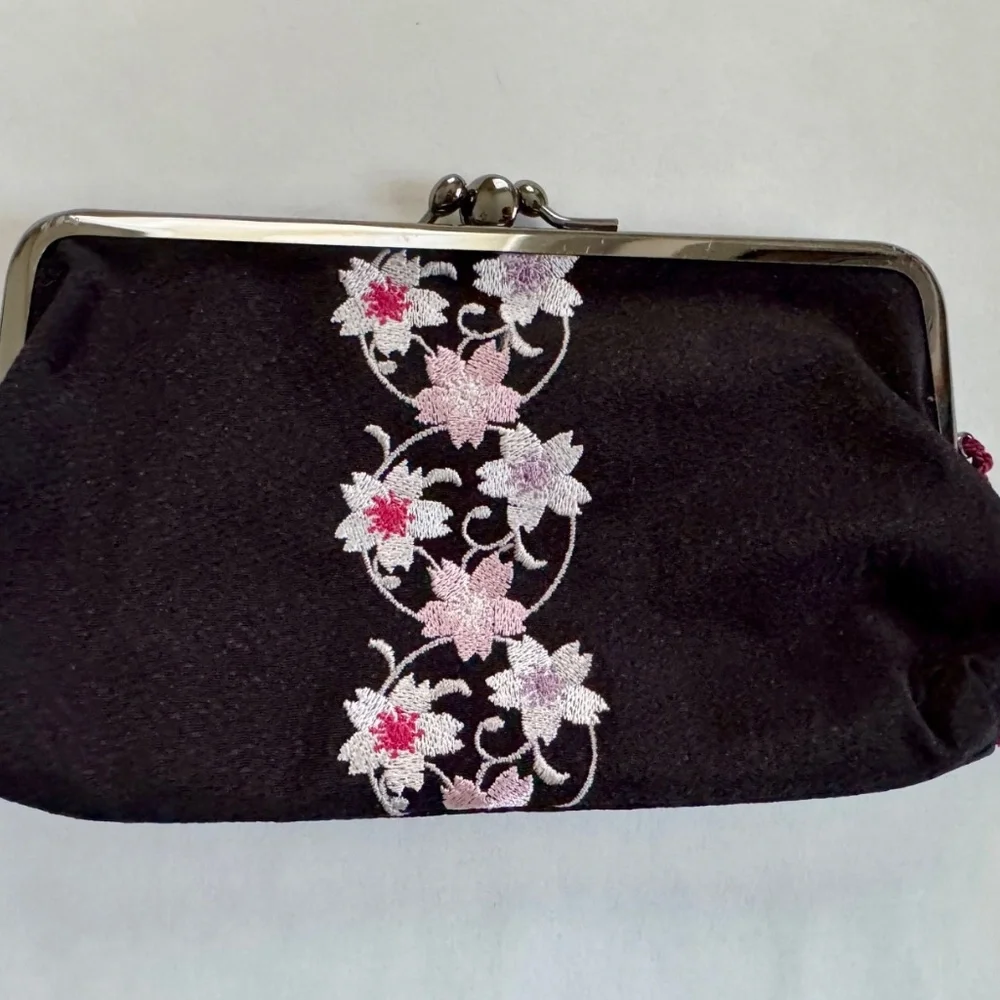 Black Cherry Blossom Evening Clutch, Japan Black with Silver Clasps, Two pockets